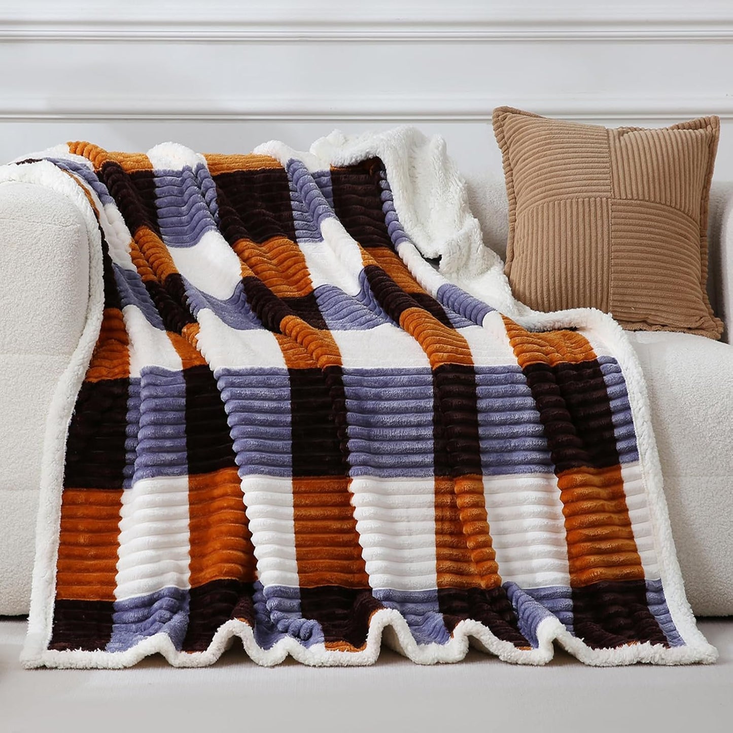 PU MEI Sherpa Fleece Throw Blanket 60" x 80" Reversible Plush Fluffy Large Big Blanket Lattice Flannel Blankets for Sofa Couch Bed (Grey-Soft Blue, 60"*80")