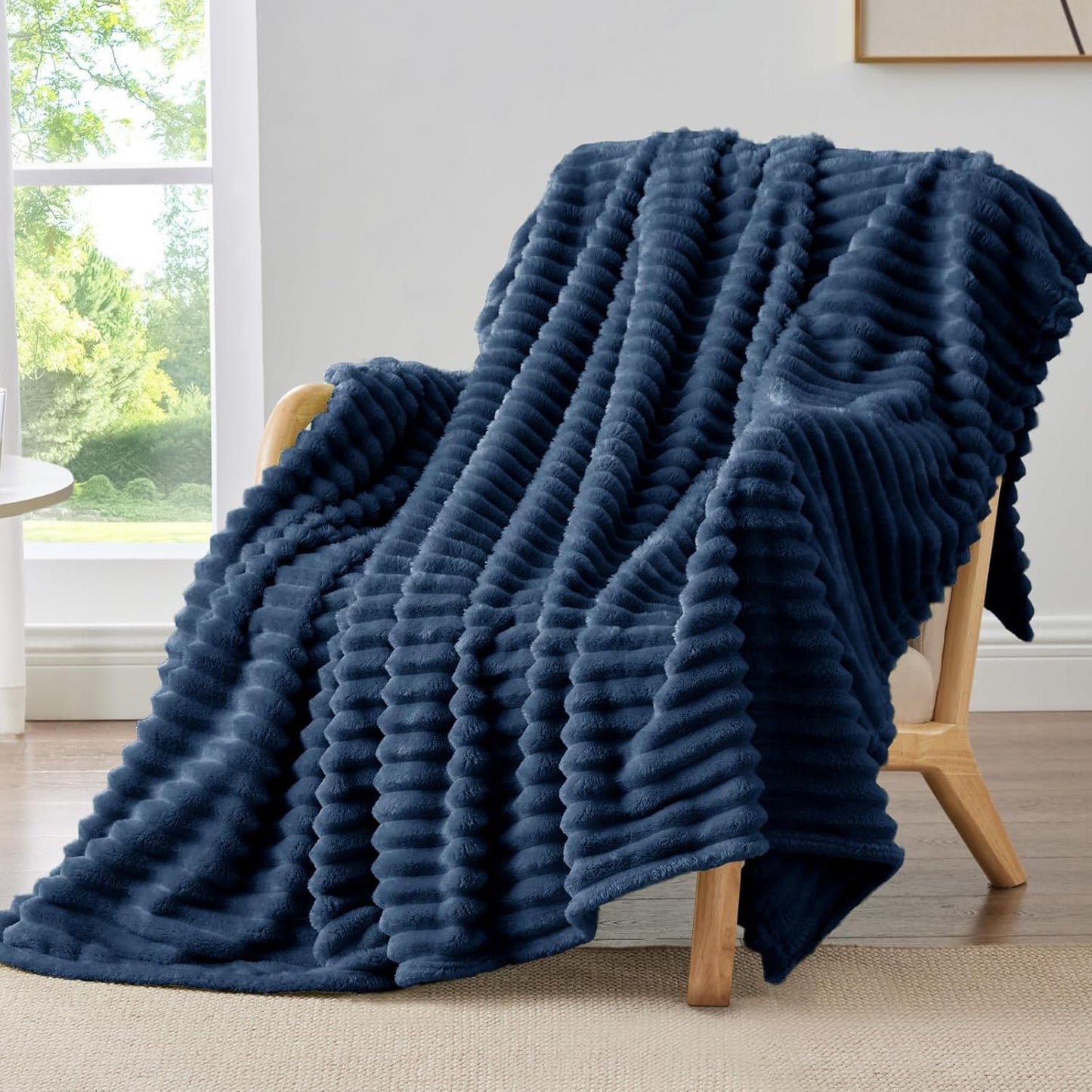 BEDELITE Fleece Throw Blanket for Couch - 300GSM Soft & Warm Fluffy Cream White Blanket, Decorative and Giftable Striped Blankets for Women, Men, 50"x60"