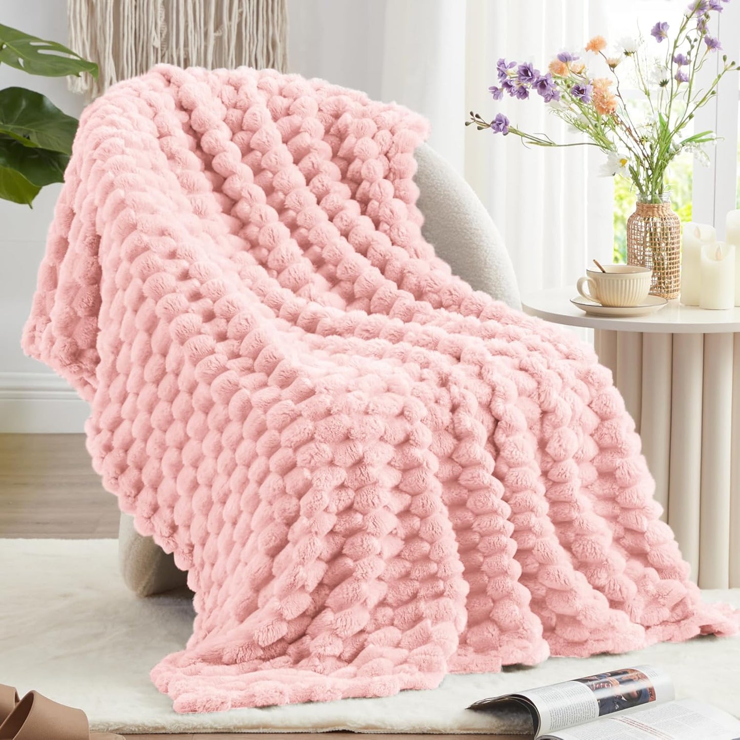 EXQ Home Fleece Throw Blanket for Couch or Bed - 3D Imitation Turtle Shell Jacquard Decorative Blankets - Cozy Soft Lightweight Fuzzy Flannel Blanket Suitable for All Seasons(50"×60",Beige)