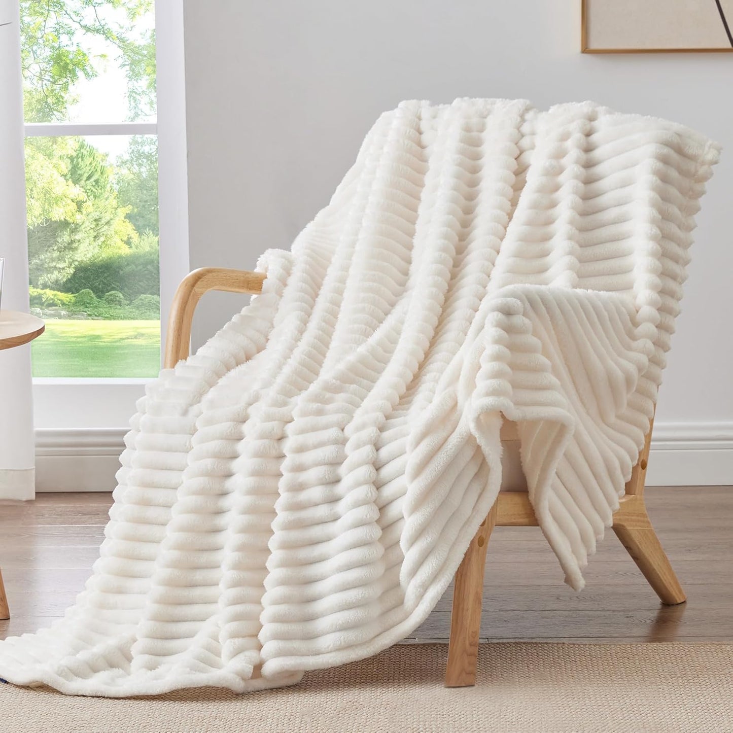 BEDELITE Fleece Throw Blanket for Couch - 300GSM Soft & Warm Fluffy Cream White Blanket, Decorative and Giftable Striped Blankets for Women, Men, 50"x60"
