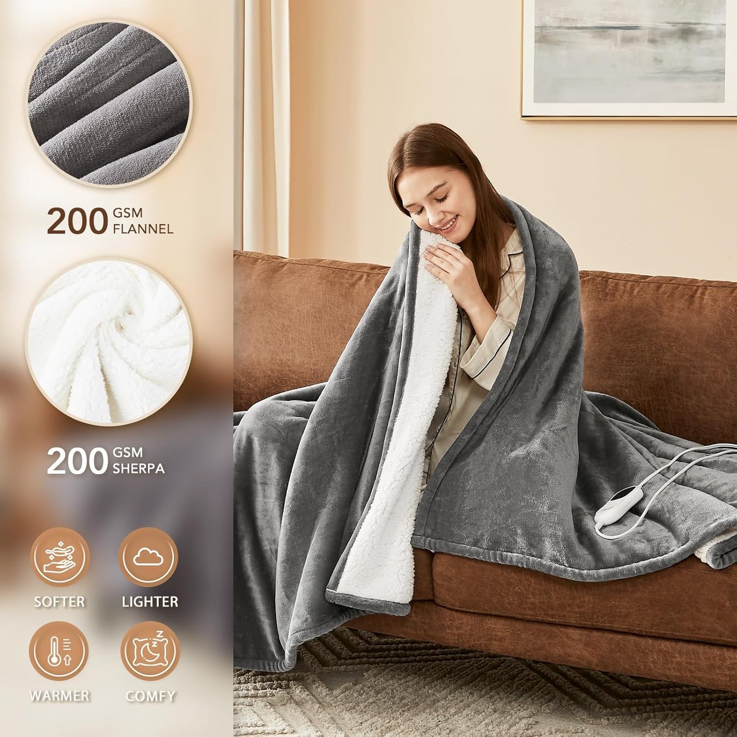 Homemate Heated Blanket Electric Throw - 50"x60" Heating Blanket Throw 1/2/4/6/8 Hours Auto-Off 10 Heat Level Over-Heat Protection Flannel Sherpa Electric ETL Certification