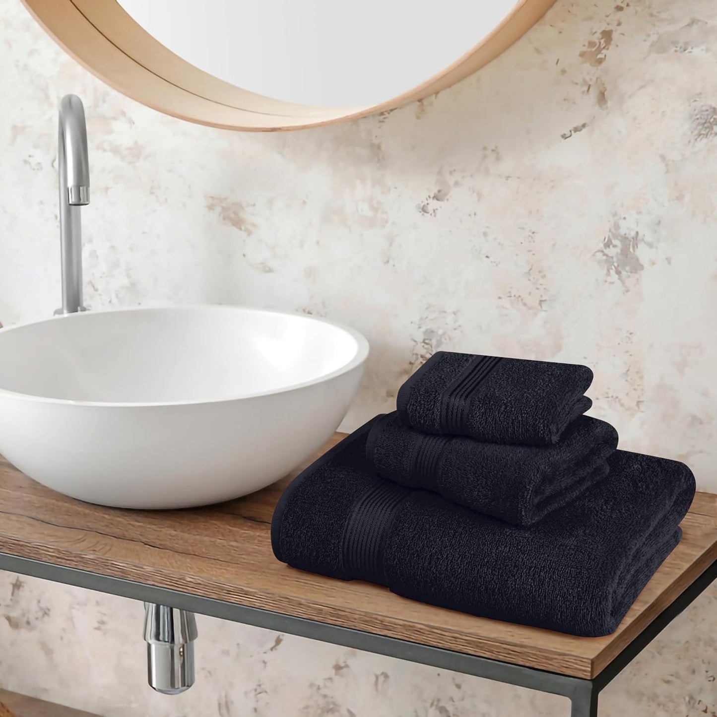 Belizzi Home Ultra Soft 3 Pack Cotton Towel Set, Contains a Bath Towel 28x55 inch, a Hand Towel 16x24 inch & a Wash Coth 12x12 inch, Ideal Everyday use, Compact & Lightweight - Black