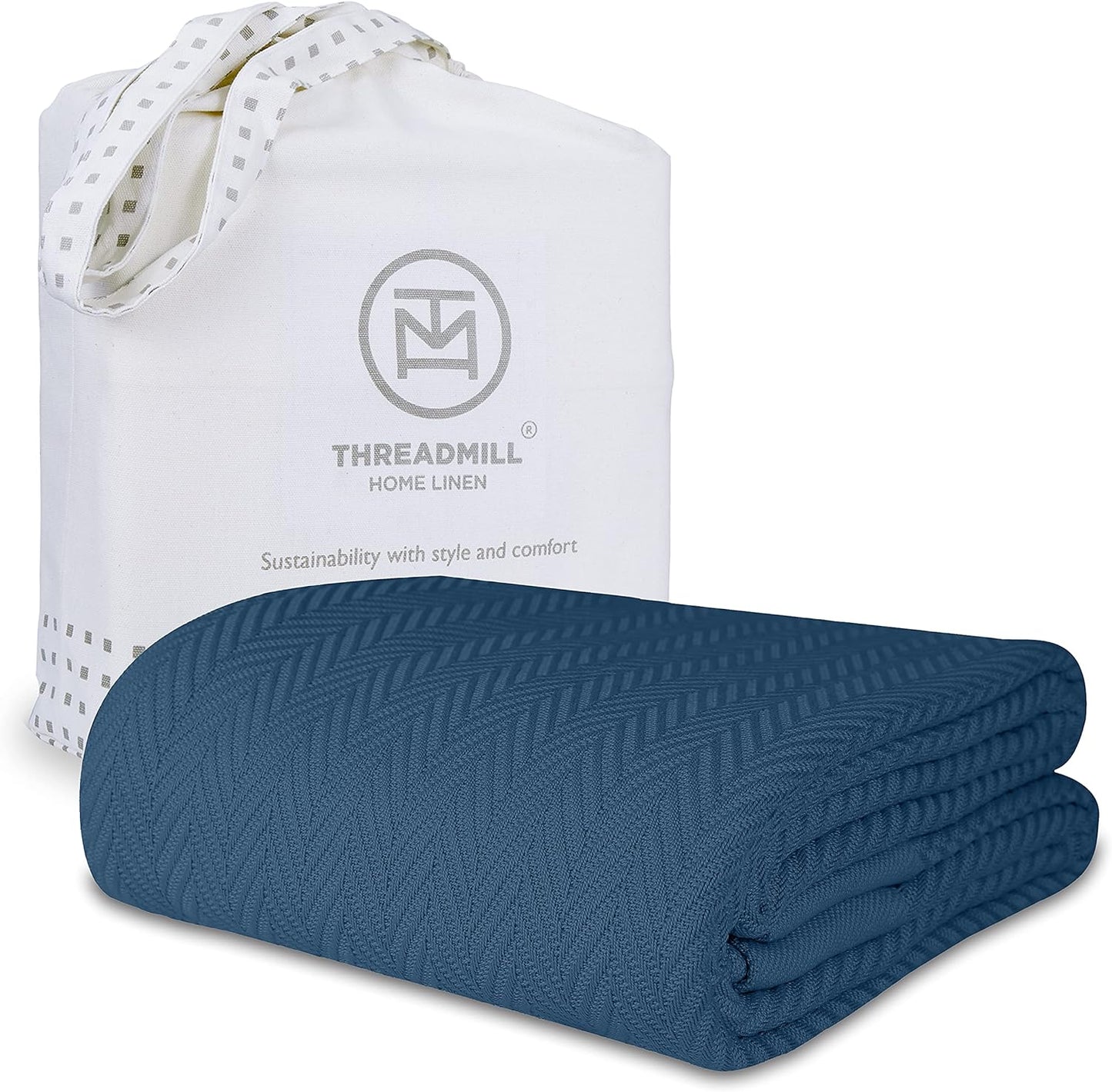 Threadmill Luxury Cotton Blankets Queen Size | All-Season 100% Cotton Blanket for Queen/Full Size Bed | Herringbone Soft Breathable | Sage Green