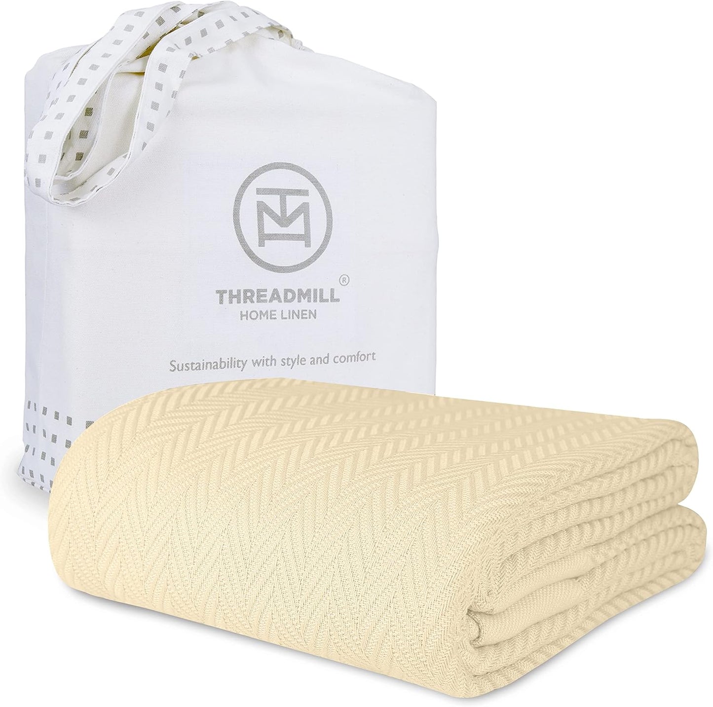 Threadmill Luxury Cotton Blankets Queen Size | All-Season 100% Cotton Blanket for Queen/Full Size Bed | Herringbone Soft Breathable | Sage Green
