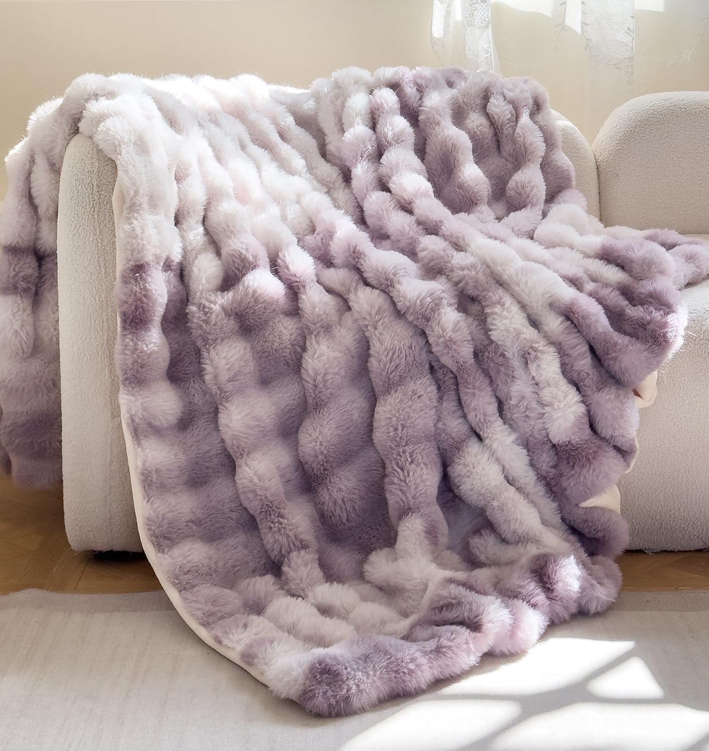 H&D Faux Fur Throw Blanket for Couch,Fluffy Cozy Soft Plush Luxury Thick Fuzzy Fleece Blanket for Couch Bed Sofa Bedroom Living Room,Comfy Bubble Blanket (Ivory, Throw (50" x 60"))