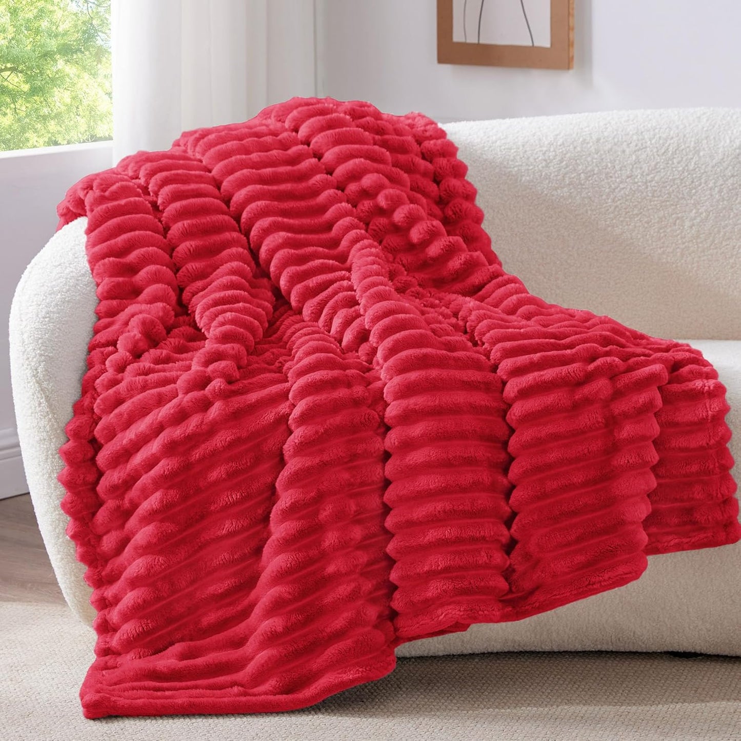 BEDELITE Fleece Throw Blanket for Couch - 300GSM Soft & Warm Fluffy Cream White Blanket, Decorative and Giftable Striped Blankets for Women, Men, 50"x60"