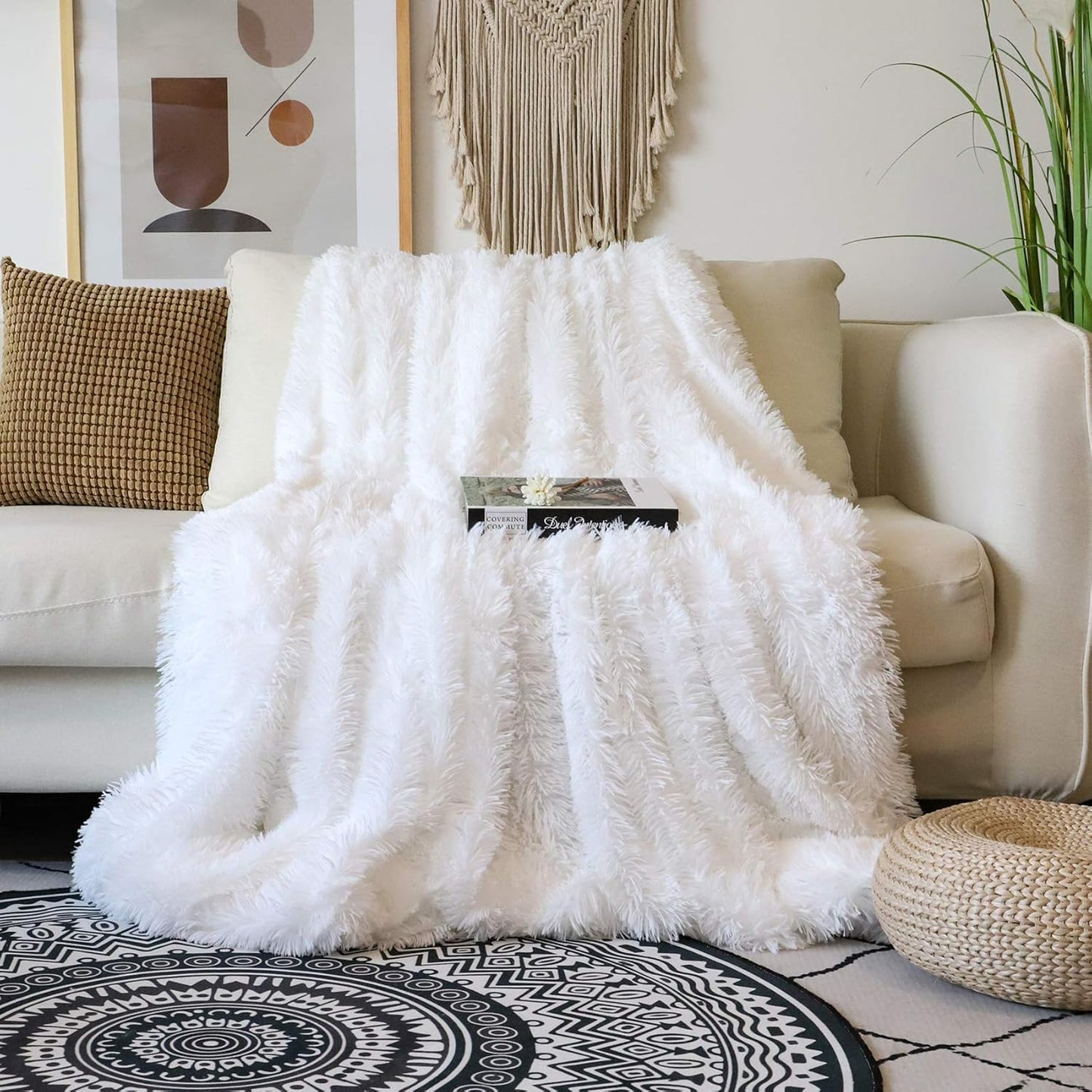 Tuddrom Decorative Extra Soft Fuzzy Faux Fur Throw Blanket 50" x 60",Solid Reversible Long Hair Shaggy Blanket,Fluffy Cozy Plush Comfy Microfiber Fleece Blankets for Couch Sofa Bedroom,Cream White