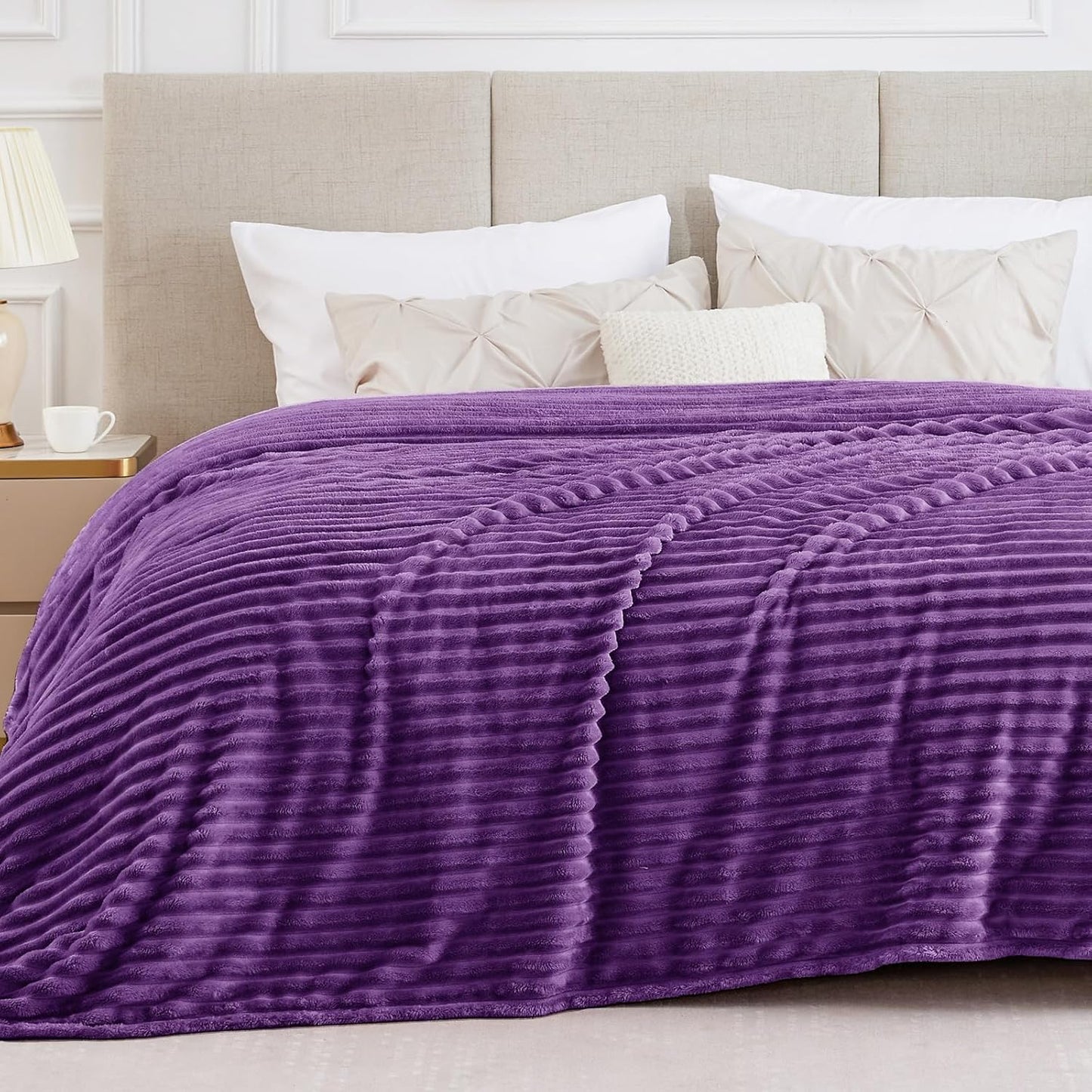 BEDELITE Fleece Throw Blanket for Couch - 300GSM Soft & Warm Fluffy Cream White Blanket, Decorative and Giftable Striped Blankets for Women, Men, 50"x60"