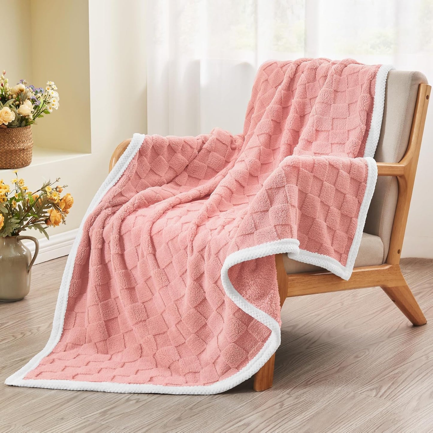 BEDELITE Fleece Throw Blanket for Couch - 300GSM Soft & Warm Fluffy Cream White Blanket, Decorative and Giftable Striped Blankets for Women, Men, 50"x60"