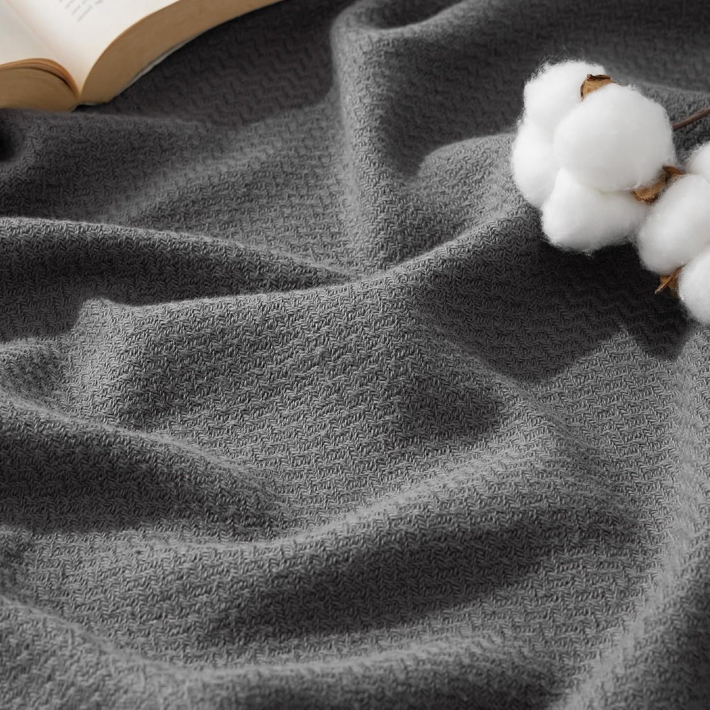 Bedsure 100% Cotton Blanket Queen Size for Bed - Breathable and Lightweight, Soft Cozy Textured Herringbone Woven Blanket for Summer, Linen Beige, 90x90 inches