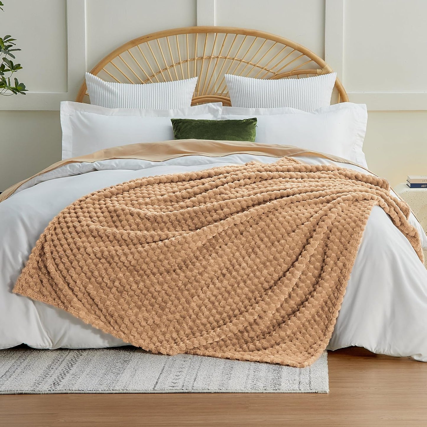 EXQ Home Fleece Throw Blanket for Couch or Bed - 3D Imitation Turtle Shell Jacquard Decorative Blankets - Cozy Soft Lightweight Fuzzy Flannel Blanket Suitable for All Seasons(50"×60",Beige)