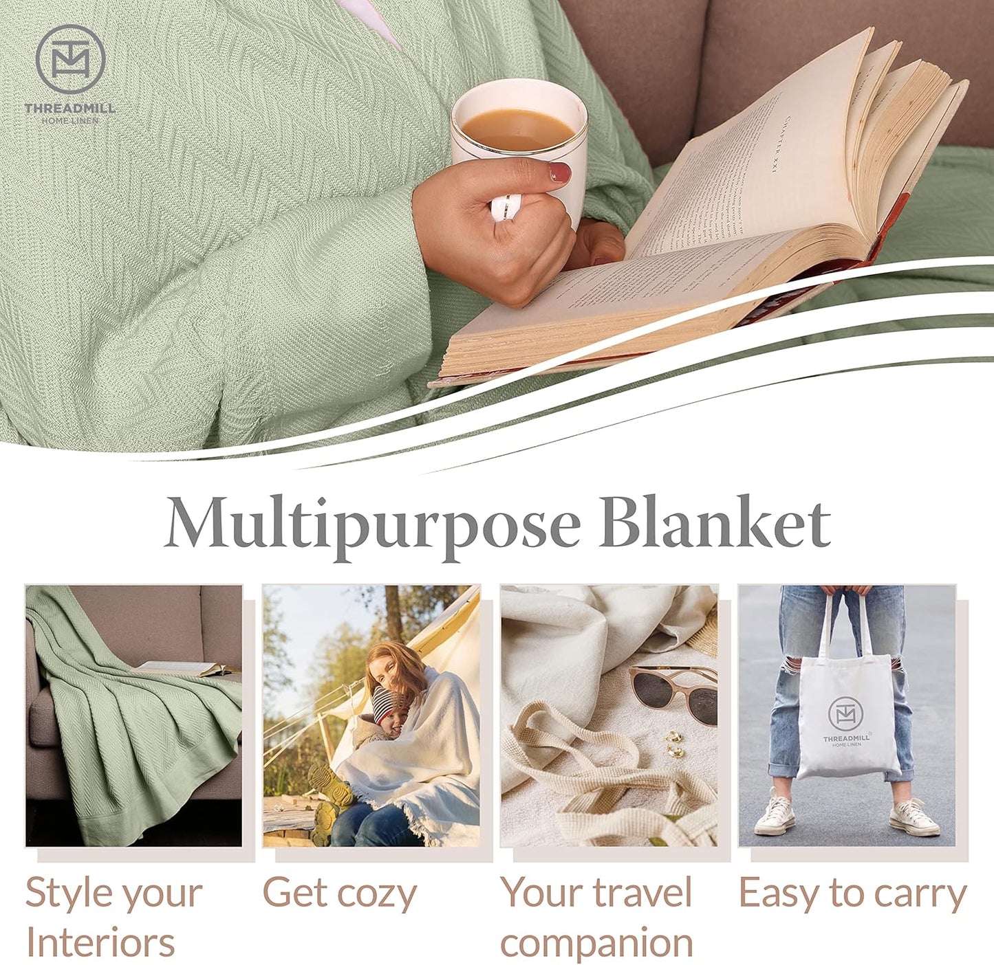 Threadmill Luxury Cotton Blankets Queen Size | All-Season 100% Cotton Blanket for Queen/Full Size Bed | Herringbone Soft Breathable | Sage Green
