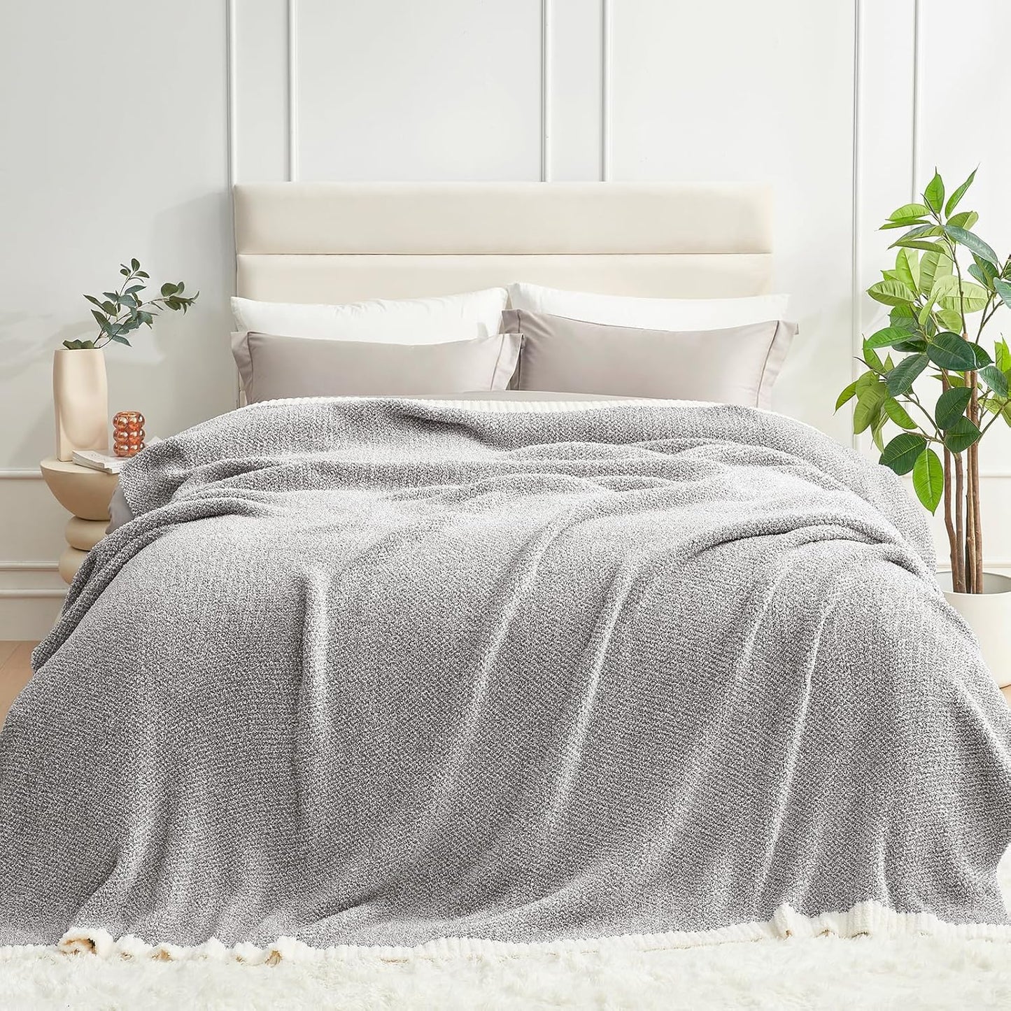 Snuggle Sac Heather Taupe Throw Blanket for Couch, Reversible Super Soft Knitted Blankets Warm Cozy Knit Fuzzy Plush Lightweight Throws for Sofa, Bed, Camping, Picnic, Taupe, 50x60 inches