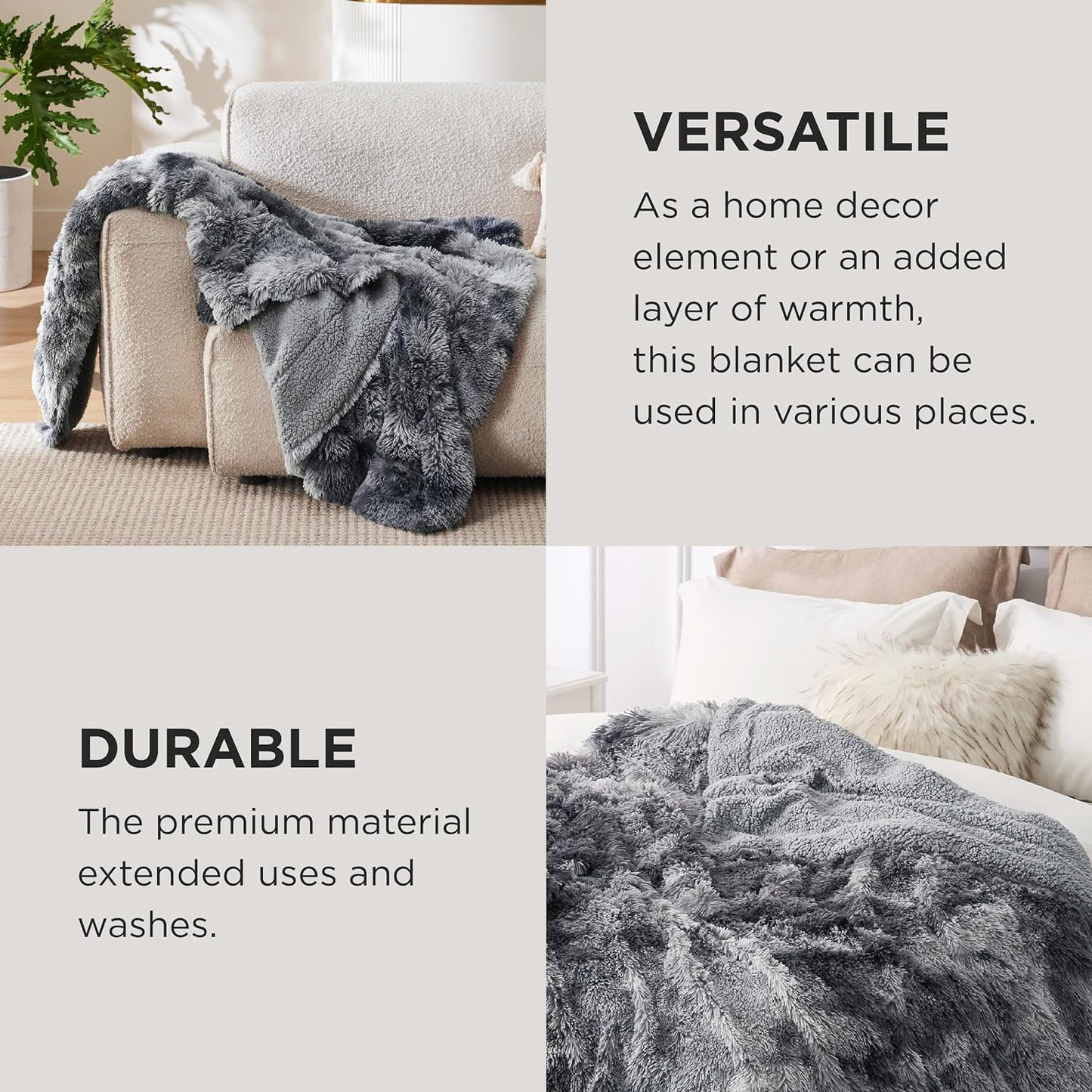 Bedsure Fluffy Throw Blanket Gifts for Women Men, Soft Fleece Sherpa Cozy Fuzzy Plush Warm Minky Thick Faux Fur Throw for Couch, Bed, Home Living Room Decor Bedroom Blanket Gifts for Mom Dad, Grey