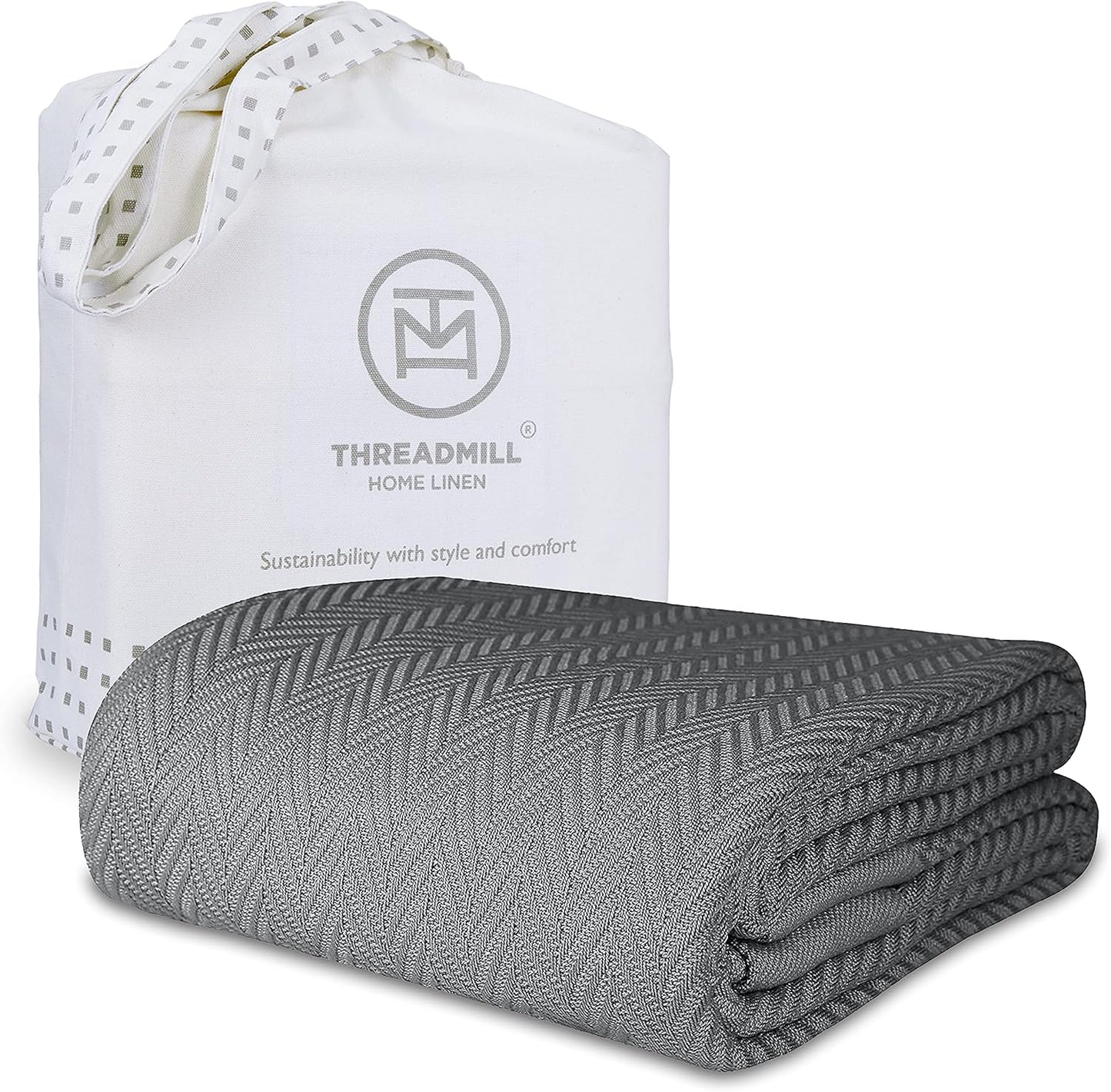 Threadmill Luxury Cotton Blankets Queen Size | All-Season 100% Cotton Blanket for Queen/Full Size Bed | Herringbone Soft Breathable | Sage Green