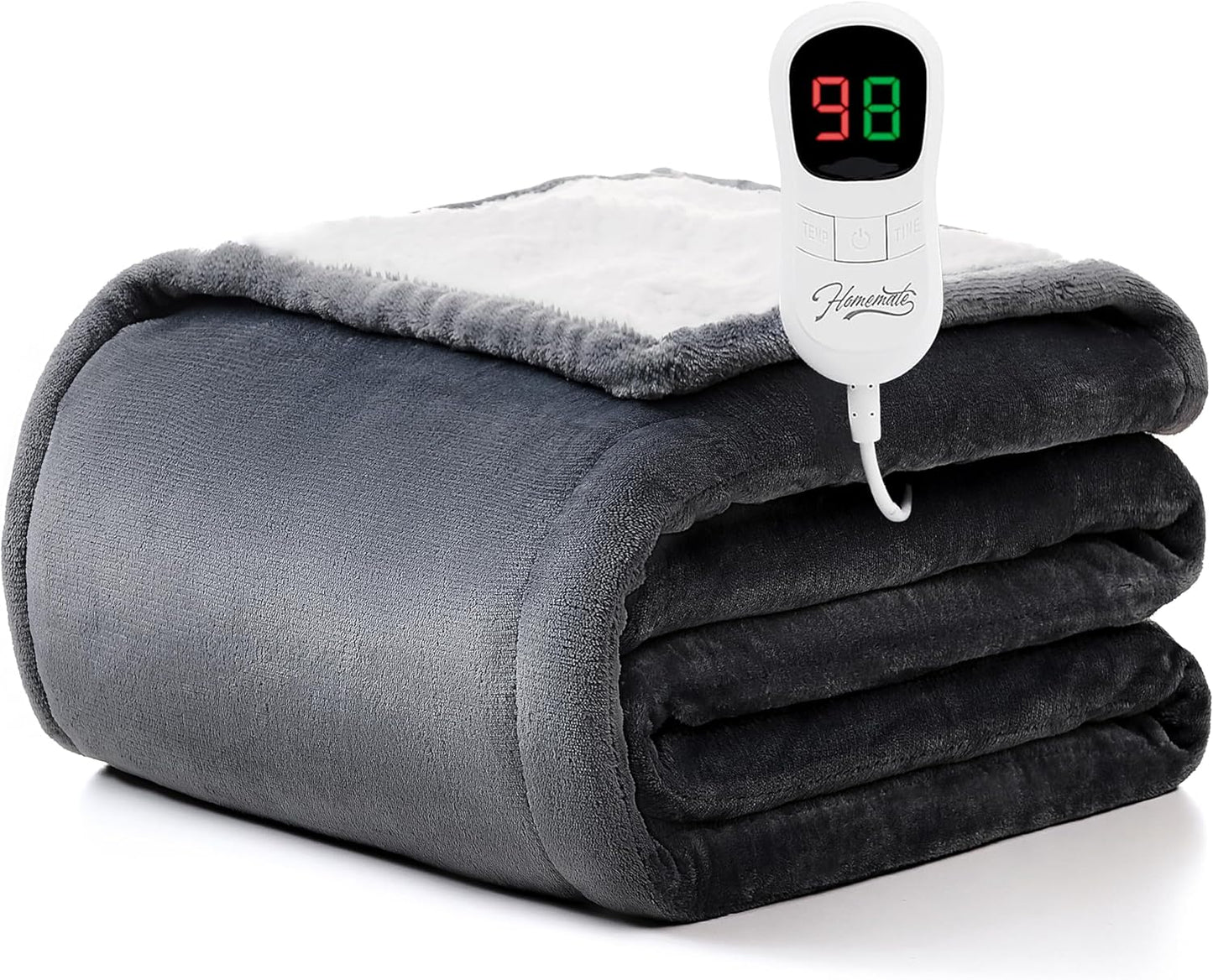 Homemate Heated Blanket Electric Throw - 50"x60" Heating Blanket Throw 1/2/4/6/8 Hours Auto-Off 10 Heat Level Over-Heat Protection Flannel Sherpa Electric ETL Certification