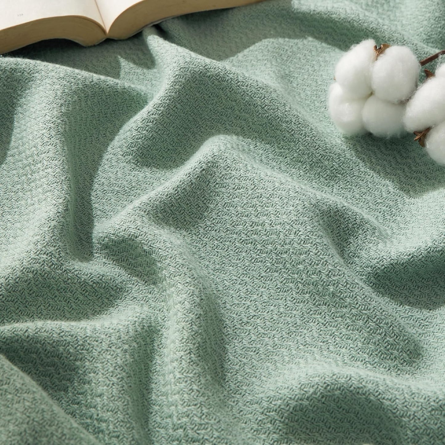 Bedsure 100% Cotton Blanket Queen Size for Bed - Breathable and Lightweight, Soft Cozy Textured Herringbone Woven Blanket for Summer, Linen Beige, 90x90 inches