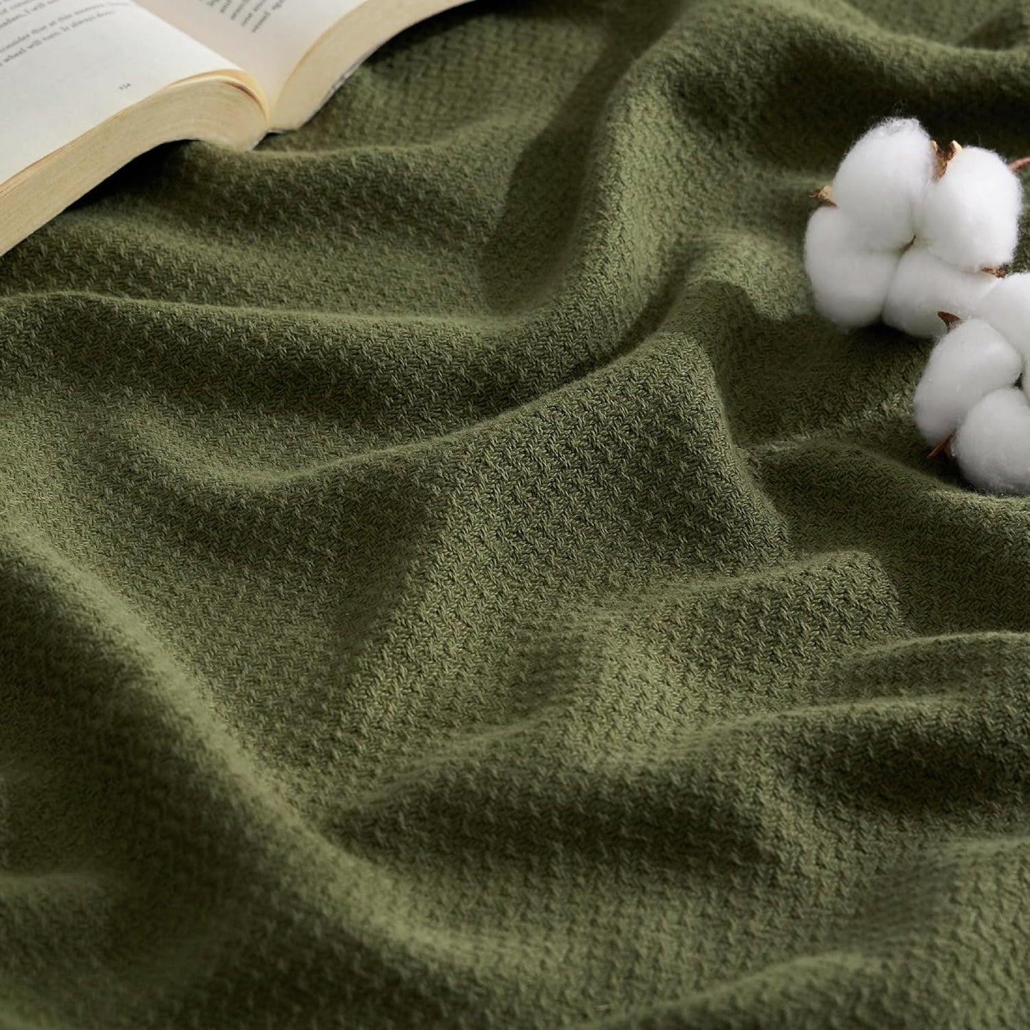 Bedsure 100% Cotton Blanket Queen Size for Bed - Breathable and Lightweight, Soft Cozy Textured Herringbone Woven Blanket for Summer, Linen Beige, 90x90 inches