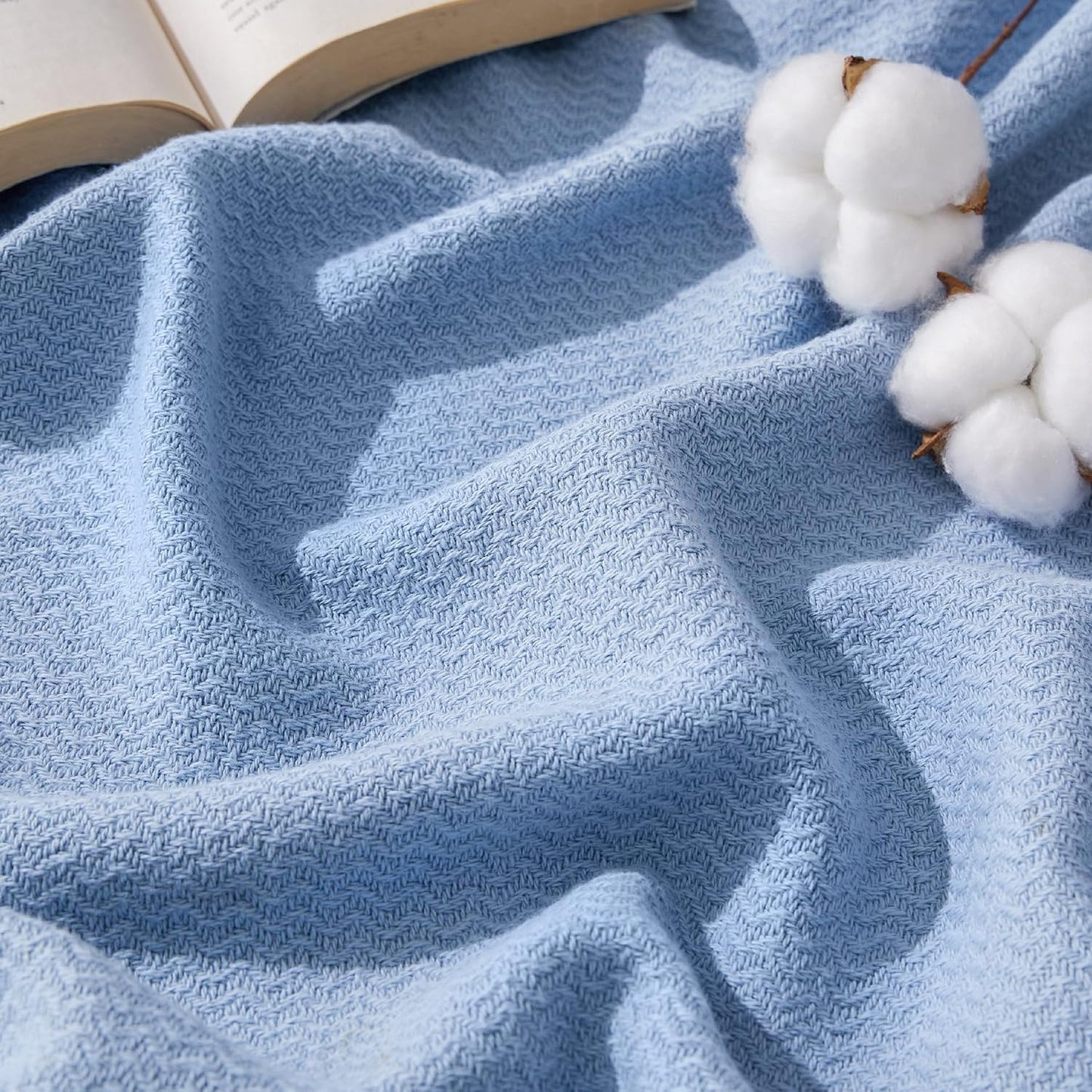 Bedsure 100% Cotton Blanket Queen Size for Bed - Breathable and Lightweight, Soft Cozy Textured Herringbone Woven Blanket for Summer, Linen Beige, 90x90 inches