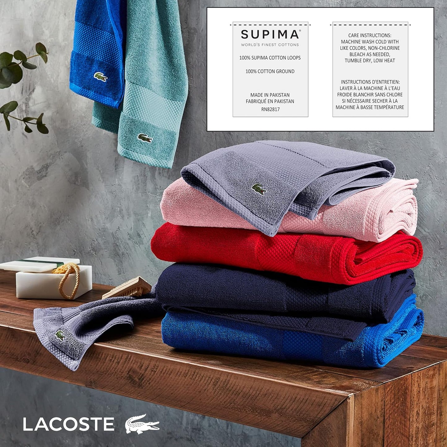 Lacoste Heritage Supima Cotton Bath Towel, Aloe, 30" x 54"
