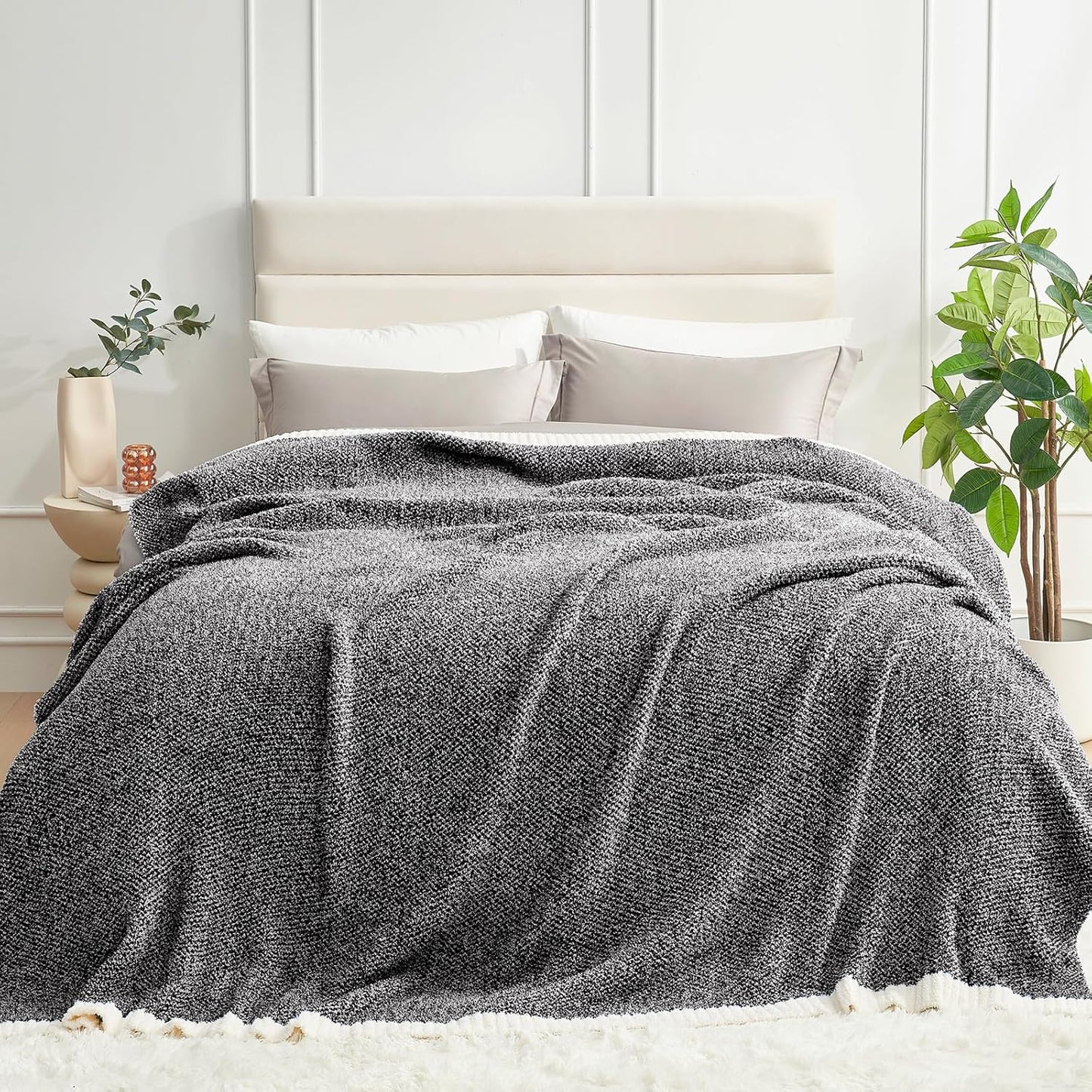 Snuggle Sac Heather Taupe Throw Blanket for Couch, Reversible Super Soft Knitted Blankets Warm Cozy Knit Fuzzy Plush Lightweight Throws for Sofa, Bed, Camping, Picnic, Taupe, 50x60 inches