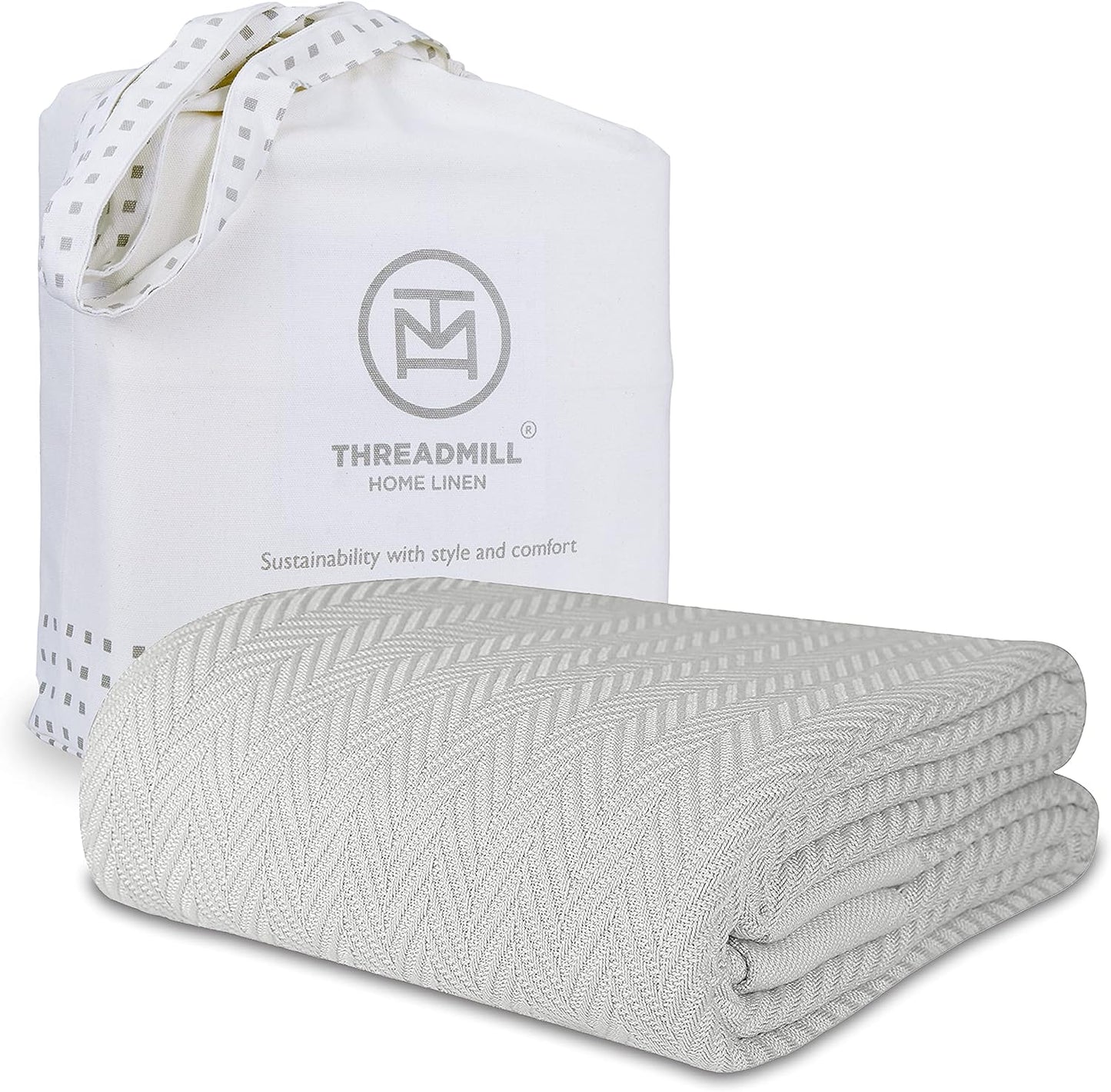 Threadmill Luxury Cotton Blankets Queen Size | All-Season 100% Cotton Blanket for Queen/Full Size Bed | Herringbone Soft Breathable | Sage Green
