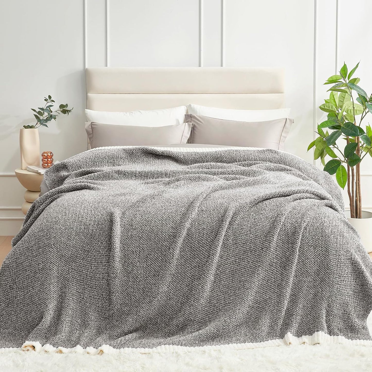 Snuggle Sac Heather Taupe Throw Blanket for Couch, Reversible Super Soft Knitted Blankets Warm Cozy Knit Fuzzy Plush Lightweight Throws for Sofa, Bed, Camping, Picnic, Taupe, 50x60 inches