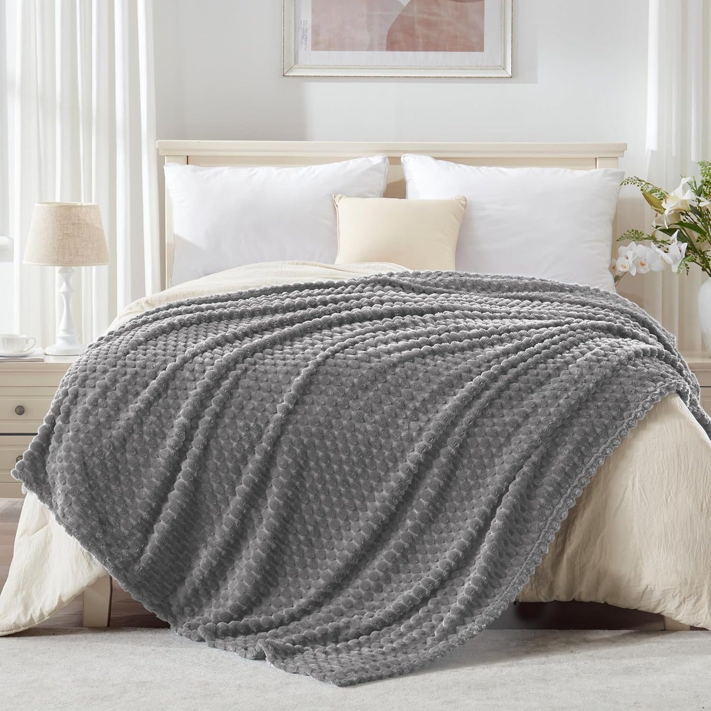 EXQ Home Fleece Throw Blanket for Couch or Bed - 3D Imitation Turtle Shell Jacquard Decorative Blankets - Cozy Soft Lightweight Fuzzy Flannel Blanket Suitable for All Seasons(50"×60",Beige)