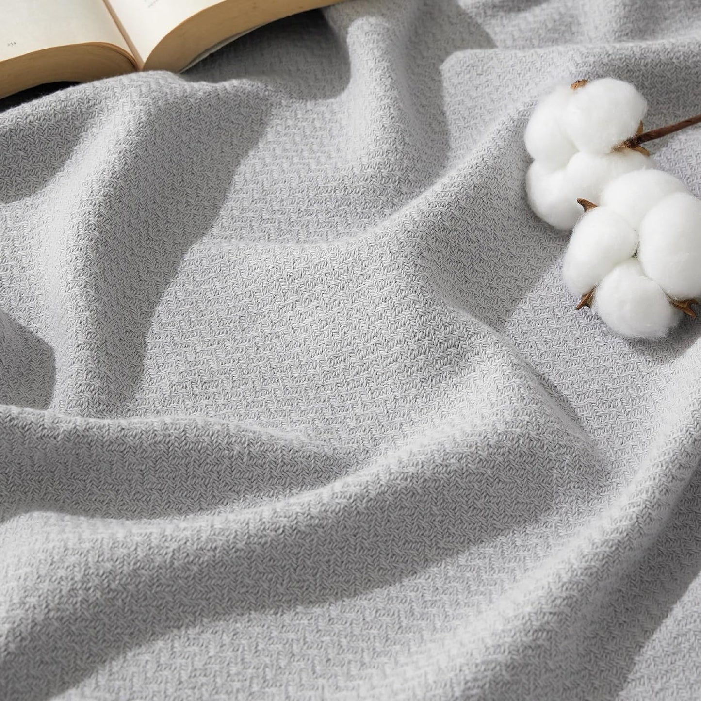 Bedsure 100% Cotton Blanket Queen Size for Bed - Breathable and Lightweight, Soft Cozy Textured Herringbone Woven Blanket for Summer, Linen Beige, 90x90 inches