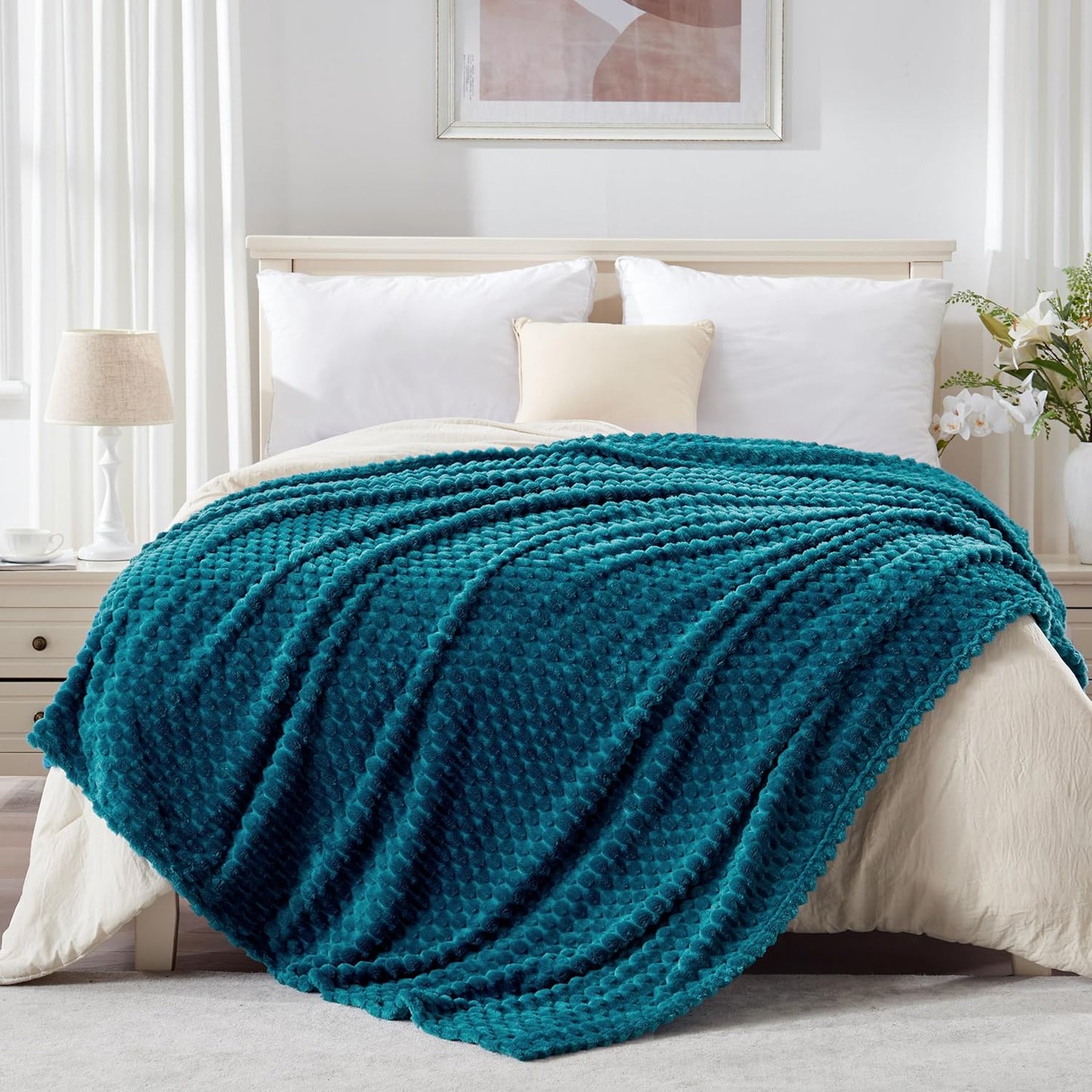 EXQ Home Fleece Throw Blanket for Couch or Bed - 3D Imitation Turtle Shell Jacquard Decorative Blankets - Cozy Soft Lightweight Fuzzy Flannel Blanket Suitable for All Seasons(50"×60",Beige)