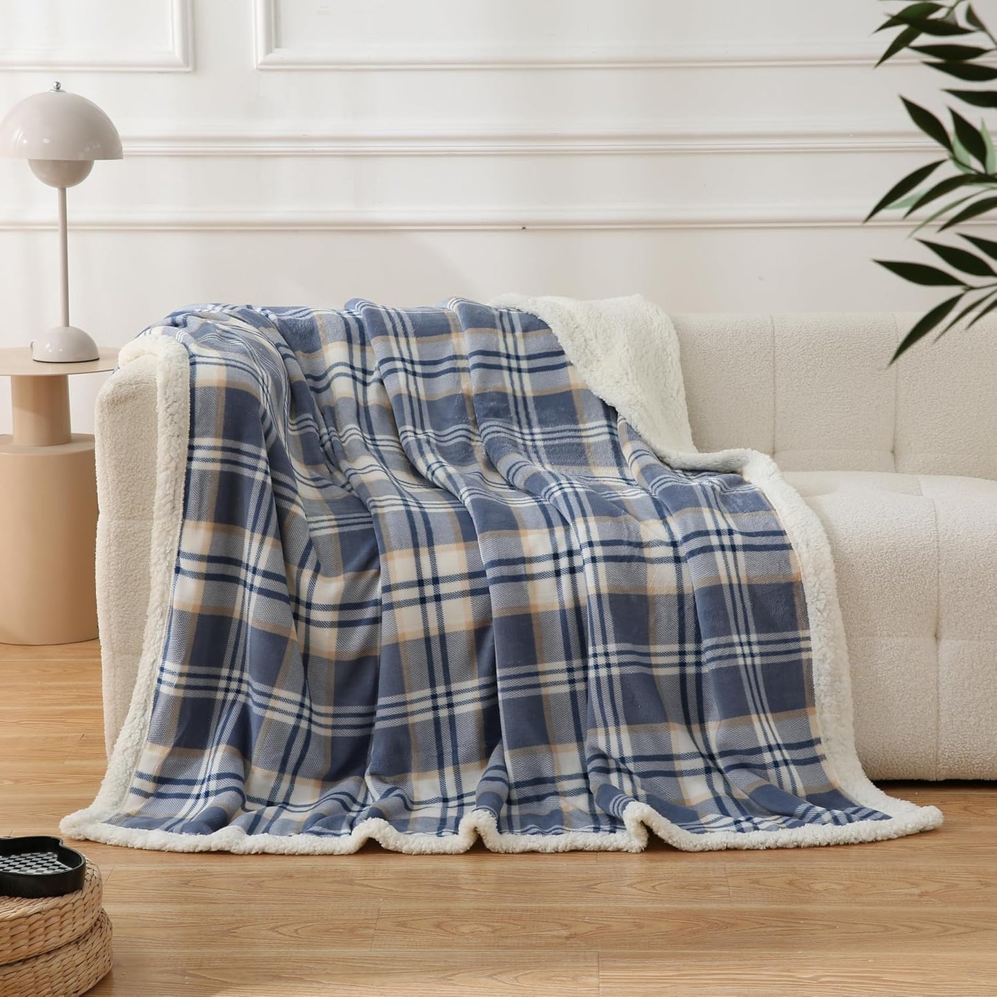 PU MEI Sherpa Fleece Throw Blanket 60" x 80" Reversible Plush Fluffy Large Big Blanket Lattice Flannel Blankets for Sofa Couch Bed (Grey-Soft Blue, 60"*80")