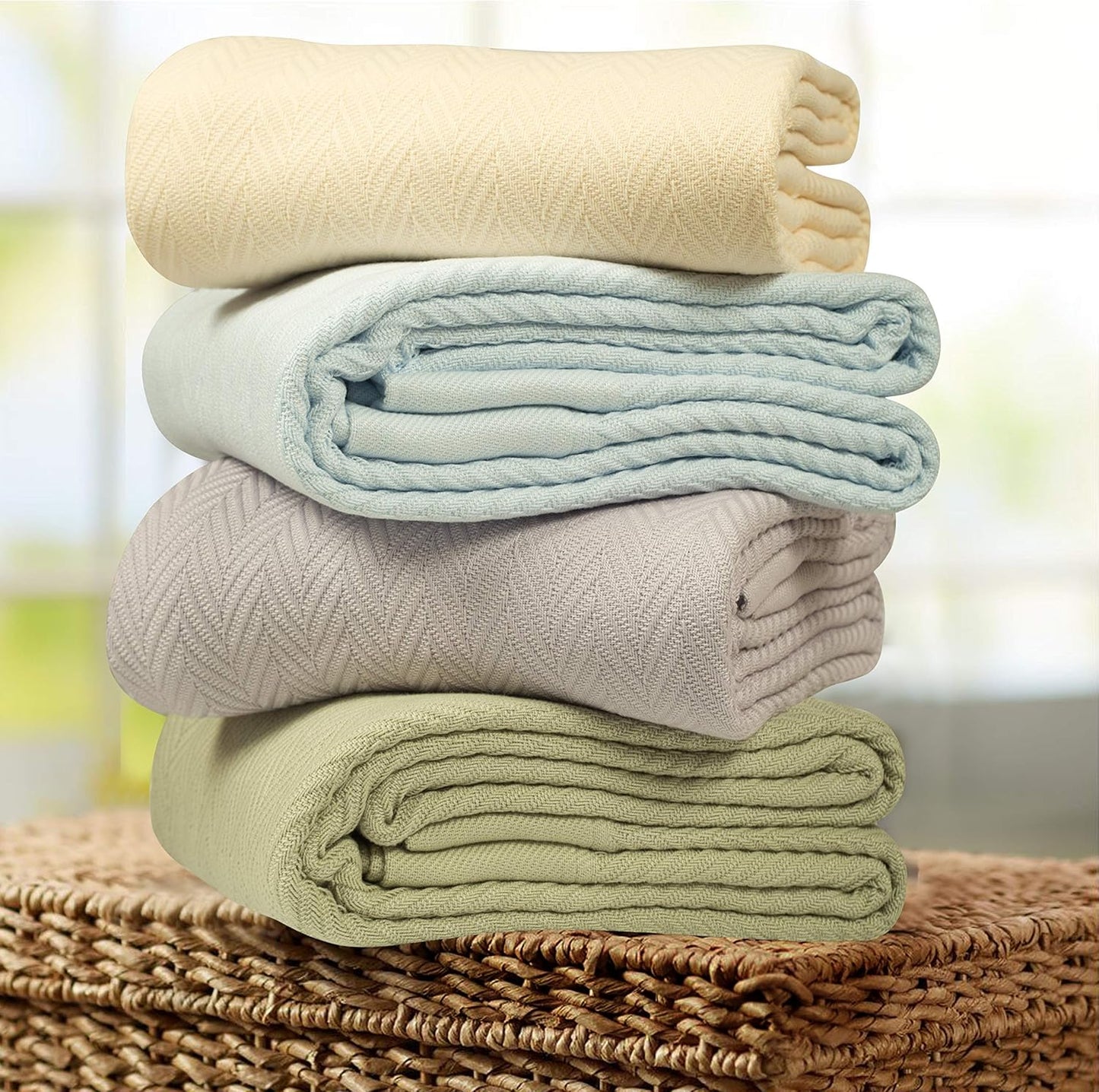 Threadmill Luxury Cotton Blankets Queen Size | All-Season 100% Cotton Blanket for Queen/Full Size Bed | Herringbone Soft Breathable | Sage Green
