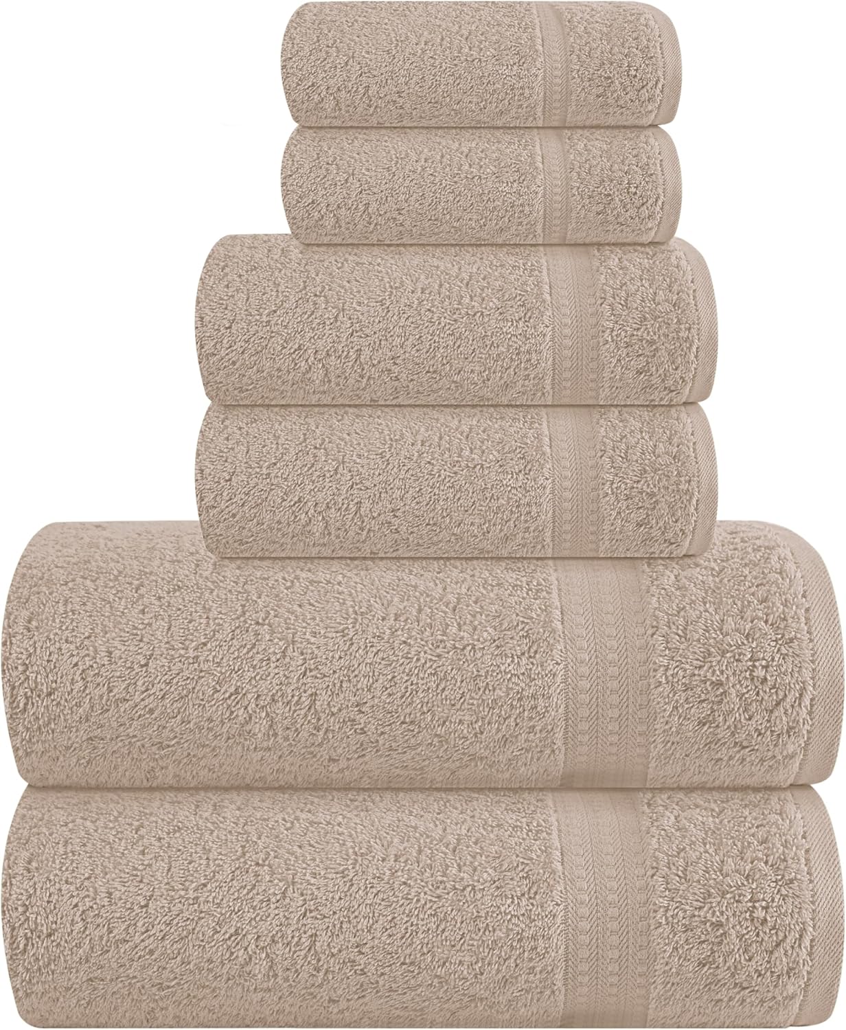 6 Piece Towel Set, 100% Combed Cotton - 2 Bath Towels, 2 Hand Towels, 2 Wash Cloths - 500 GSM Luxury Hotel Quality Ultra Soft Highly Absorbent Towel Set for Bathroom - Tan