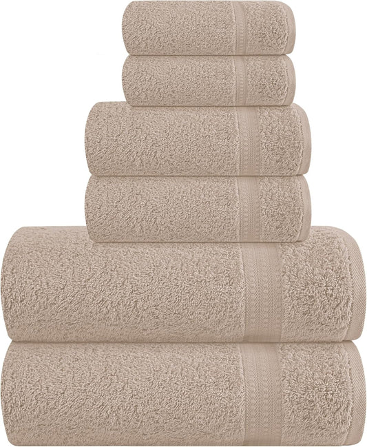 6 Piece Towel Set, 100% Combed Cotton - 2 Bath Towels, 2 Hand Towels, 2 Wash Cloths - 500 GSM Luxury Hotel Quality Ultra Soft Highly Absorbent Towel Set for Bathroom - Tan