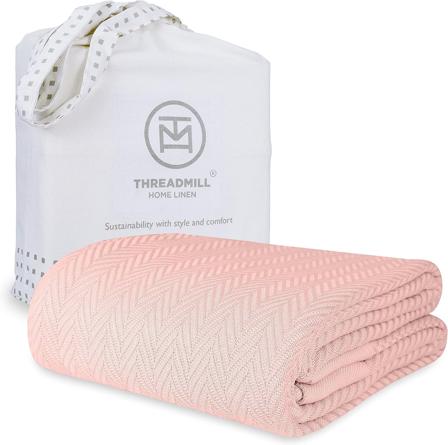 Threadmill Luxury Cotton Blankets Queen Size | All-Season 100% Cotton Blanket for Queen/Full Size Bed | Herringbone Soft Breathable | Sage Green