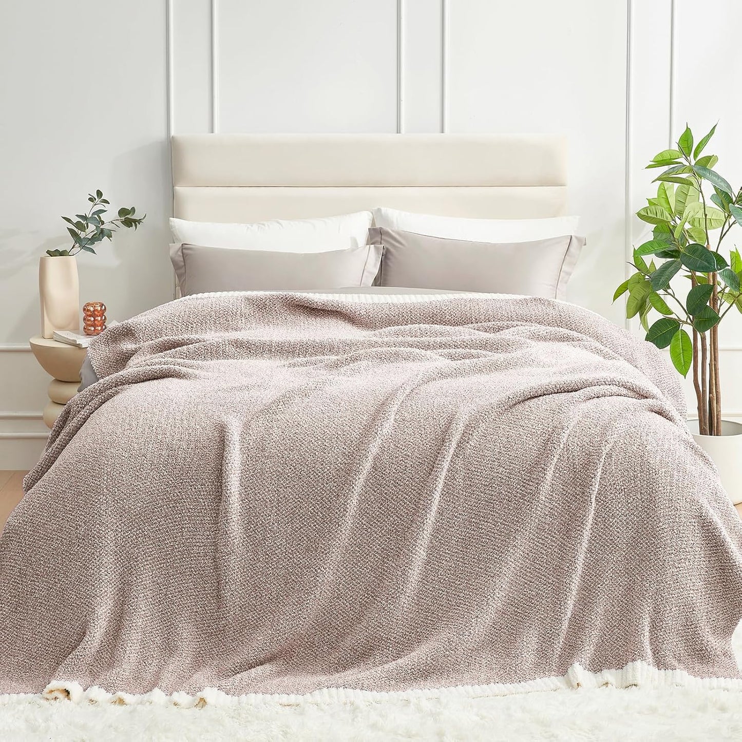 Snuggle Sac Heather Taupe Throw Blanket for Couch, Reversible Super Soft Knitted Blankets Warm Cozy Knit Fuzzy Plush Lightweight Throws for Sofa, Bed, Camping, Picnic, Taupe, 50x60 inches