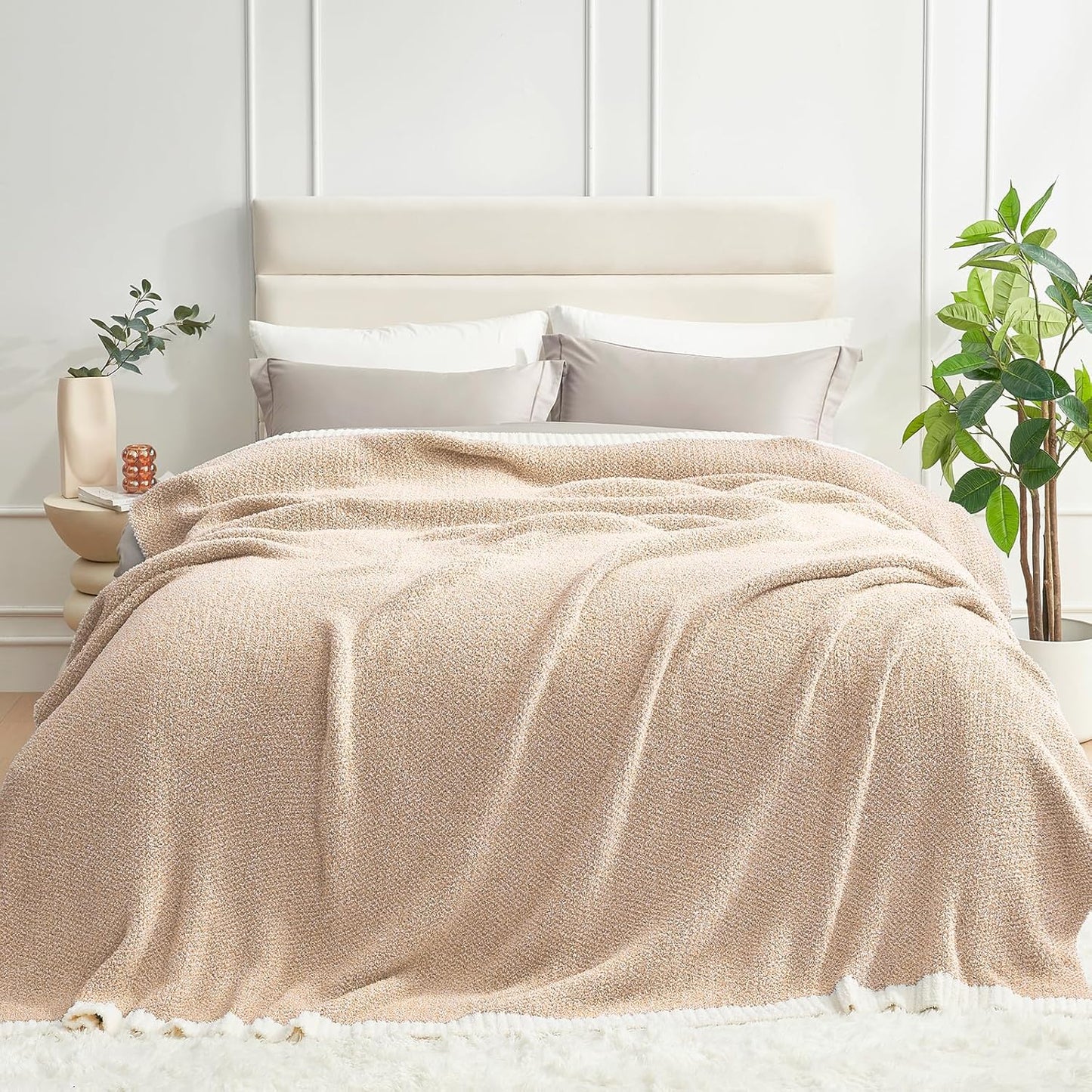 Snuggle Sac Heather Taupe Throw Blanket for Couch, Reversible Super Soft Knitted Blankets Warm Cozy Knit Fuzzy Plush Lightweight Throws for Sofa, Bed, Camping, Picnic, Taupe, 50x60 inches