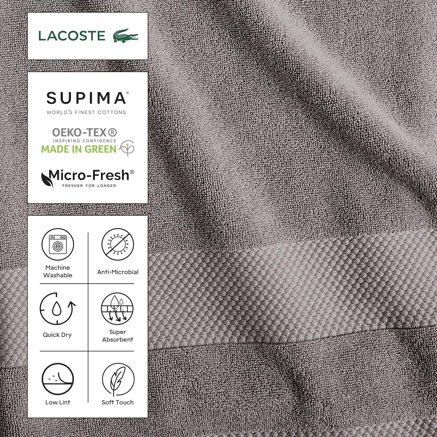 Lacoste Heritage Supima Cotton Bath Towel, Aloe, 30" x 54"