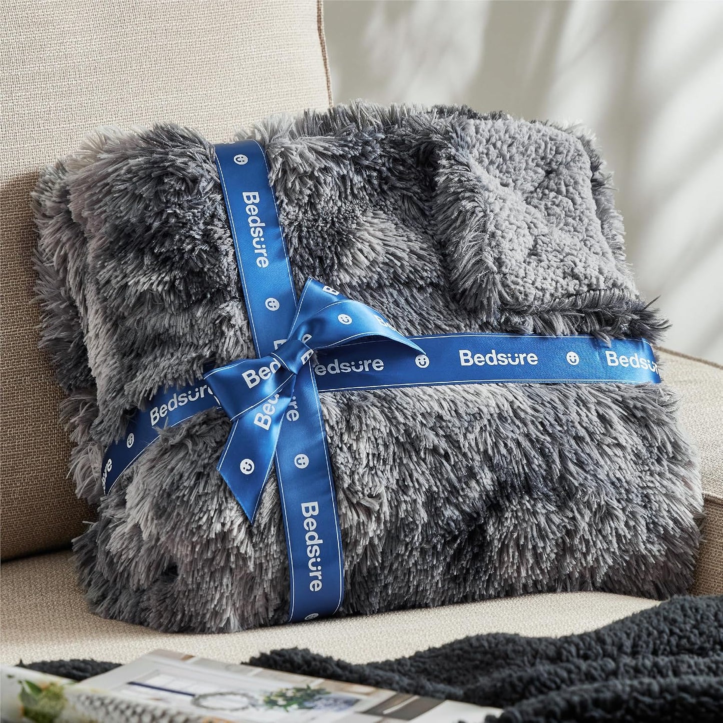 Bedsure Fluffy Throw Blanket Gifts for Women Men, Soft Fleece Sherpa Cozy Fuzzy Plush Warm Minky Thick Faux Fur Throw for Couch, Bed, Home Living Room Decor Bedroom Blanket Gifts for Mom Dad, Grey