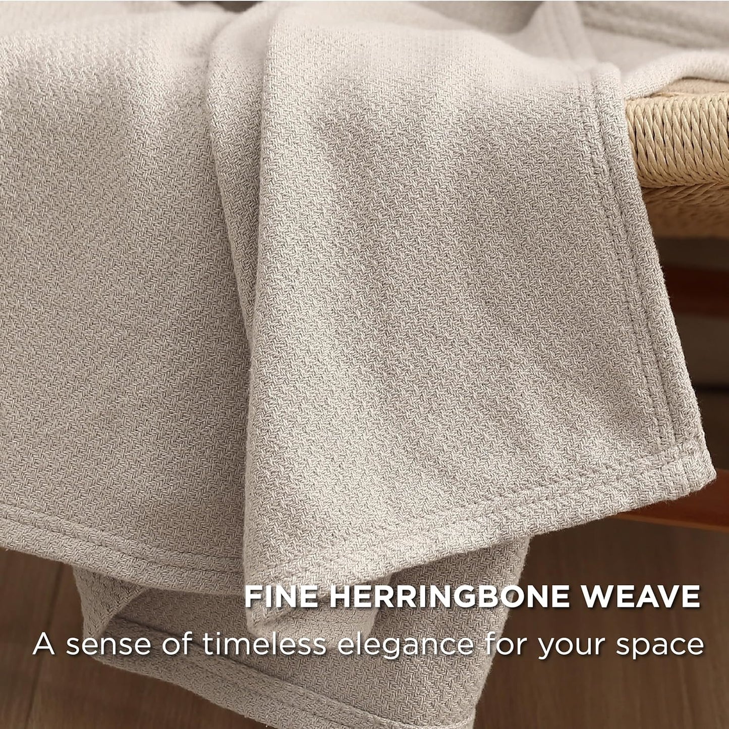 Bedsure 100% Cotton Blanket Queen Size for Bed - Breathable and Lightweight, Soft Cozy Textured Herringbone Woven Blanket for Summer, Linen Beige, 90x90 inches